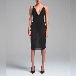 Skims Power Mesh Plunge Midi Dress DS-DRS-6471W Onyx Size 2X